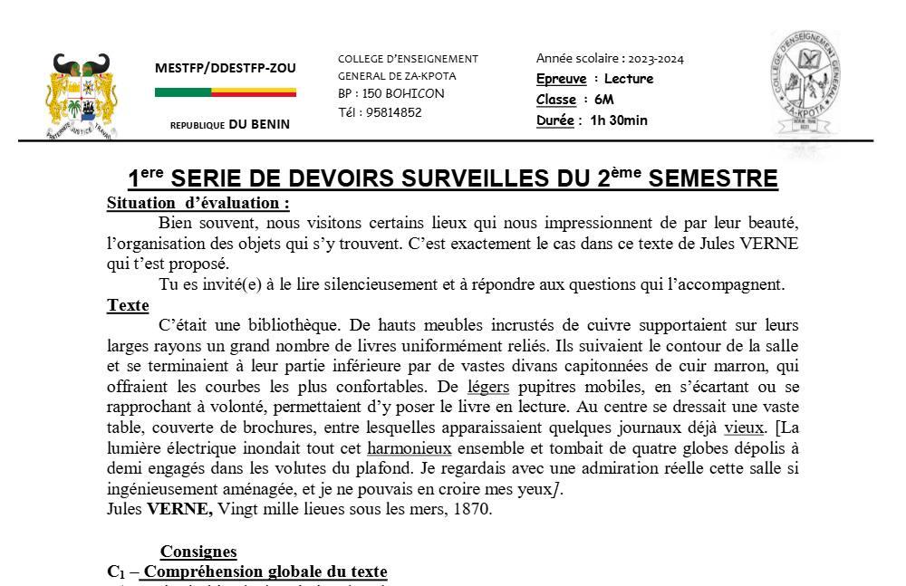 Aperçu de la première page — Lecture 6e Devoir 1 Semestre 2 de CEG Za Kpota 2023 2024
