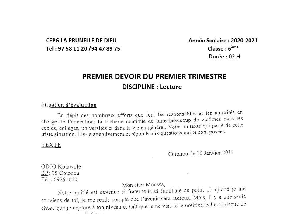 Aperçu de la première page — Lecture 6e Devoir 1 Trimestre 1 CPEG La Prunelle de Dieu 2020 2021