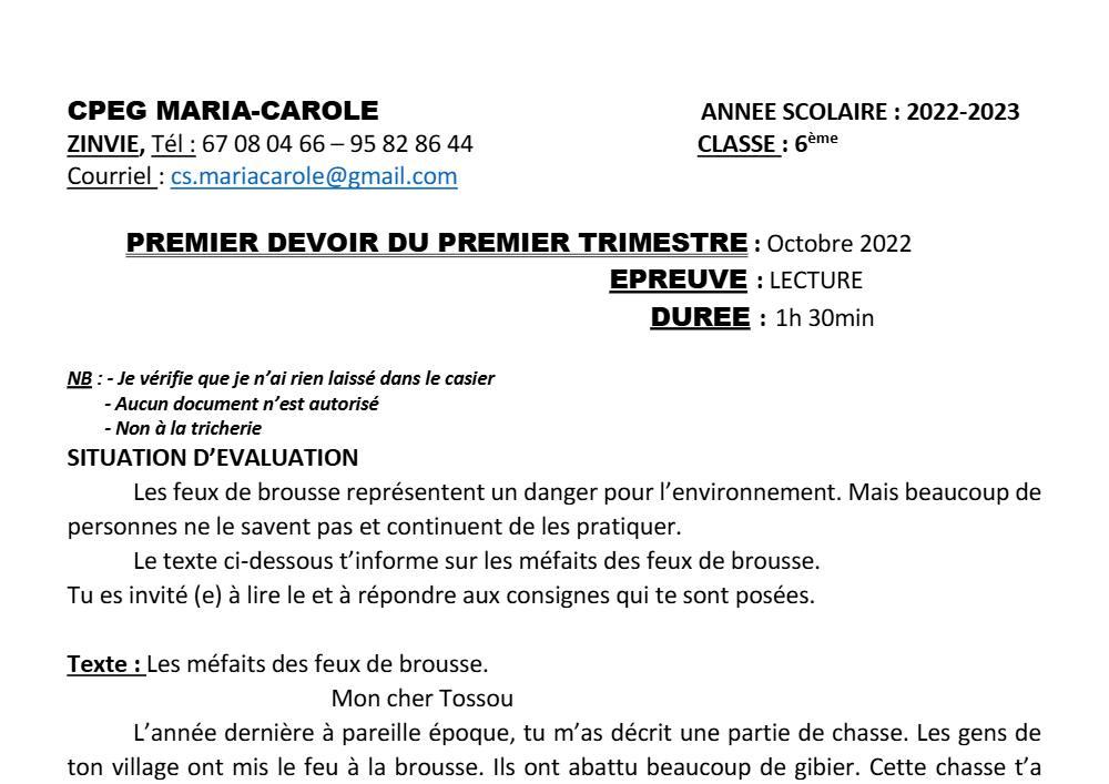 Aperçu de la première page — Lecture 6e Devoir 1 Trimestre 1 CPEG Maria Carole 2022 2023