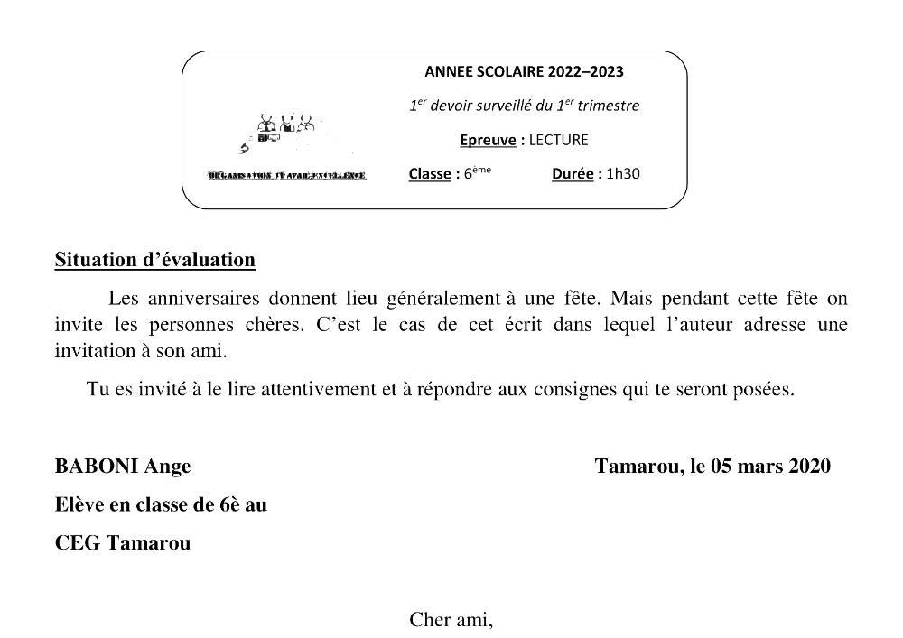 Aperçu de la première page — Lecture 6e Devoir 1 Trimestre 1 CPEG Mon Avenir Plus Benin 2022 2023
