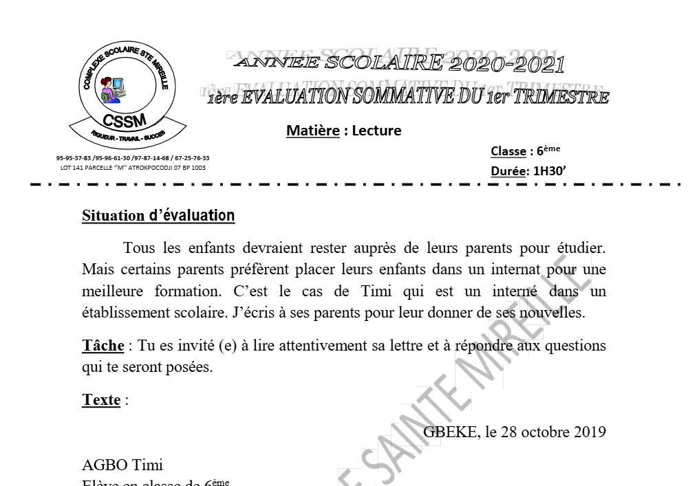 Aperçu de la première page — Lecture 6e Devoir 1 Trimestre 1 CPEG Sainte Mireille 2021 2022