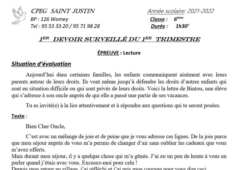 Aperçu de la première page — Lecture 6e Devoir 1 Trimestre 1 CPEG Saint Justin 2021 2022 (2)