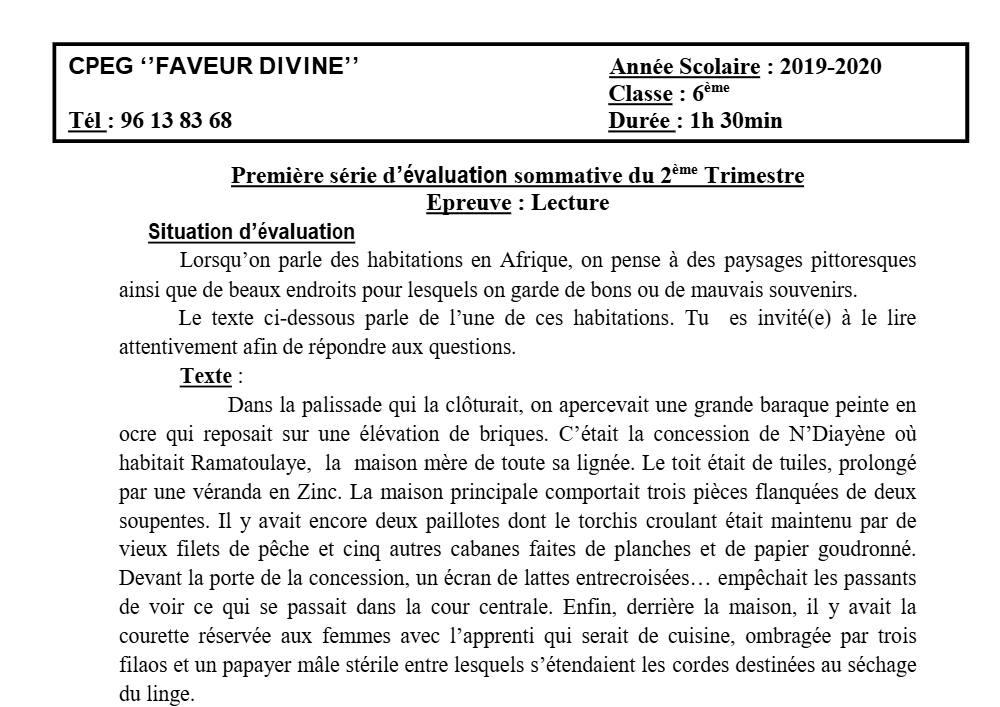 Aperçu de la première page — Lecture 6e Devoir 1 Trimestre 2 CPEG Faveur Divine 2019 2020