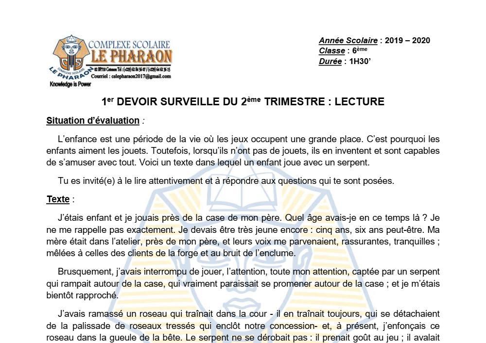 Aperçu de la première page — Lecture 6e Devoir 1 Trimestre 2 CS Le Pharaon 2019 2020