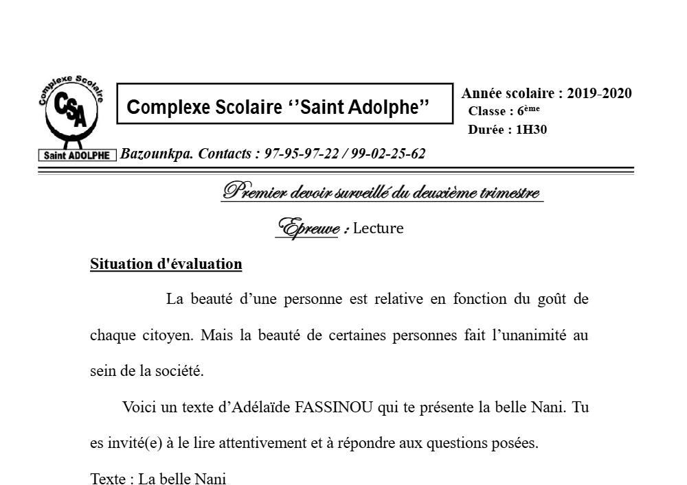 Aperçu de la première page — Lecture 6e Devoir 1 Trimestre 2 CS Saint Adolphe 2019 2020