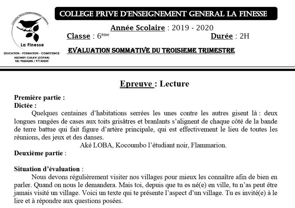 Aperçu de la première page — Lecture 6e Devoir 1 Trimestre 3 CPEG La Finesse 2019 2020