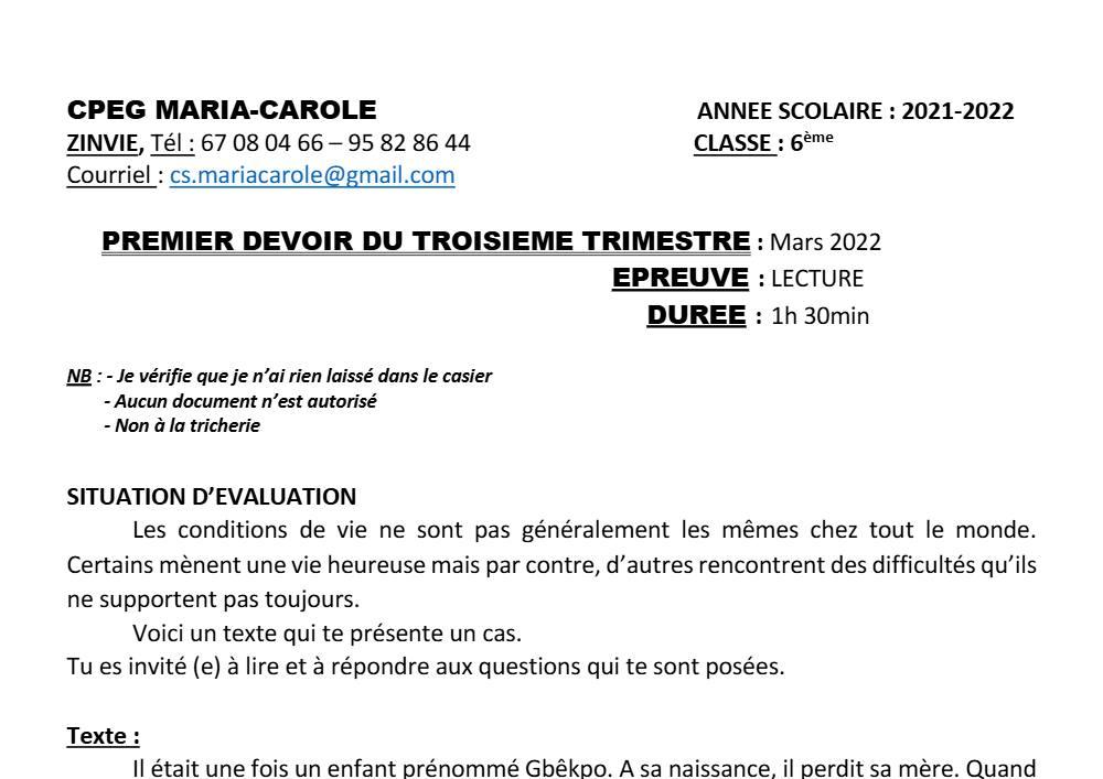 Aperçu de la première page — Lecture 6e Devoir 1 Trimestre 3 CPEG Maria Carole 2021 2022