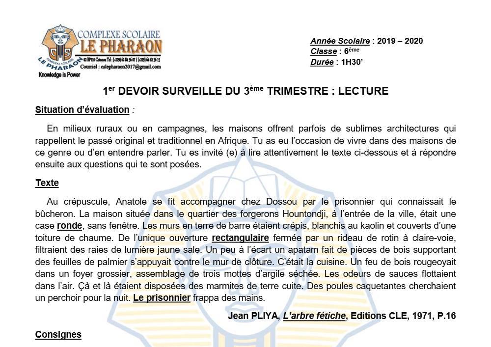 Aperçu de la première page — Lecture 6e Devoir 1 Trimestre 3 CS Le Pharaon 2019 2020