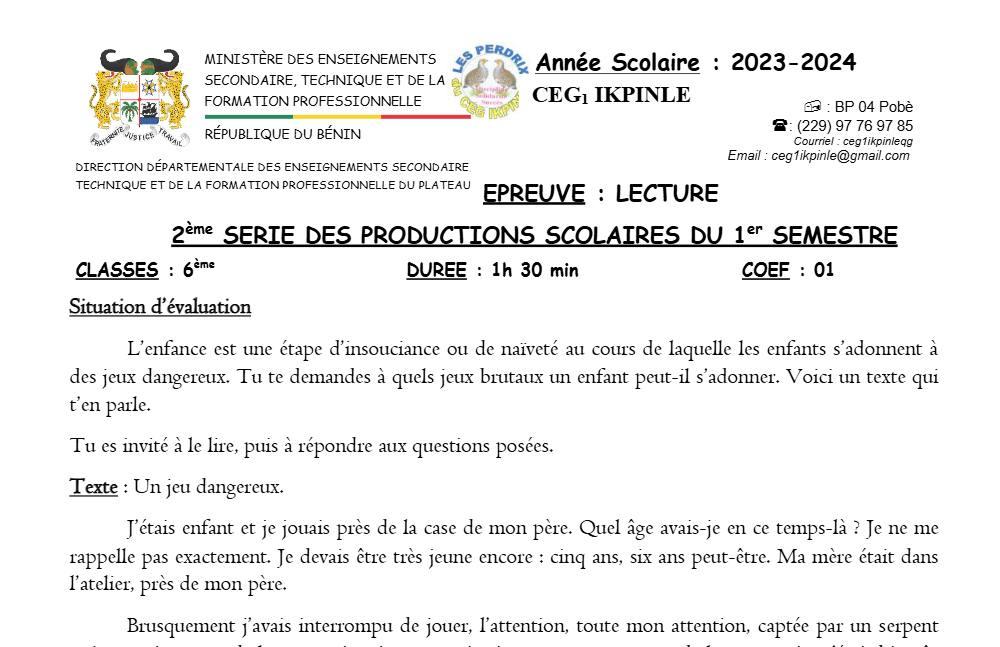 Aperçu de la première page — Lecture 6e Devoir 2 Semestre 1 CEG1 Ikpinlè 2023 2024
