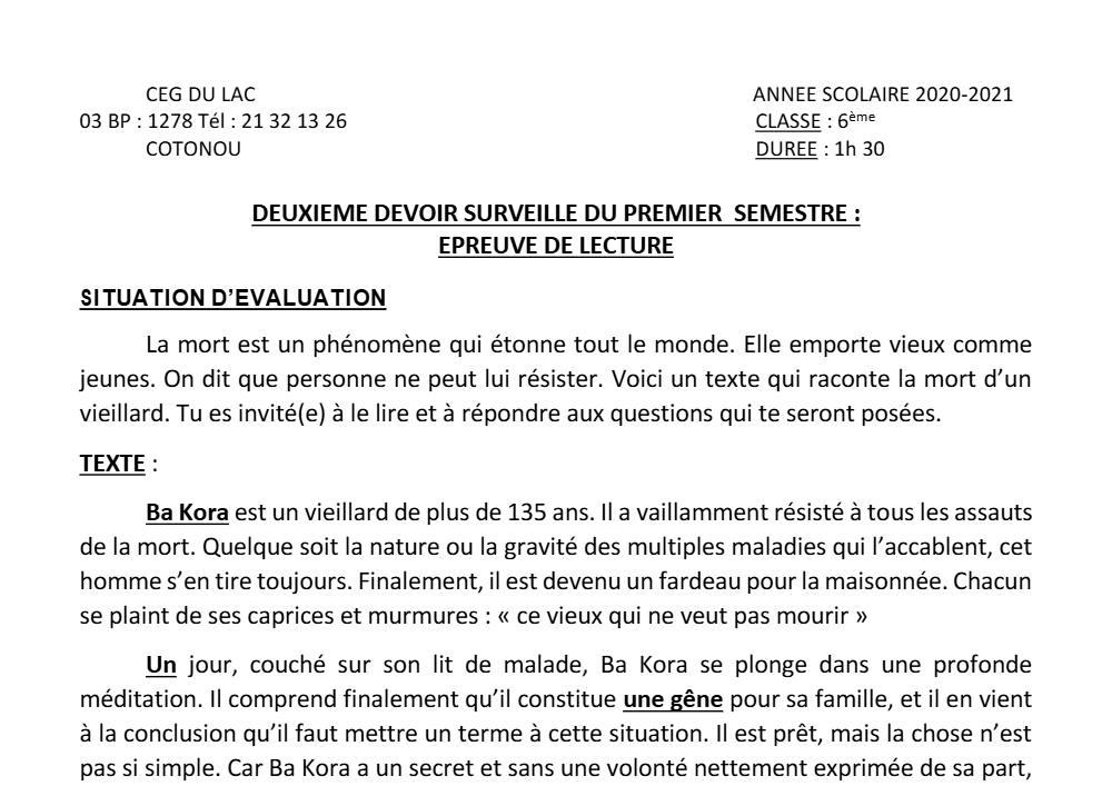 Aperçu de la première page — Lecture 6e Devoir 2 Semestre 1 CEG du Lac 2020 2021