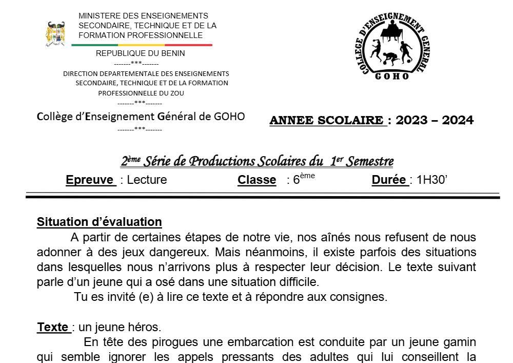 Aperçu de la première page — Lecture 6e Devoir 2 Semestre 1 CEG Goho Abomey 2023 2024