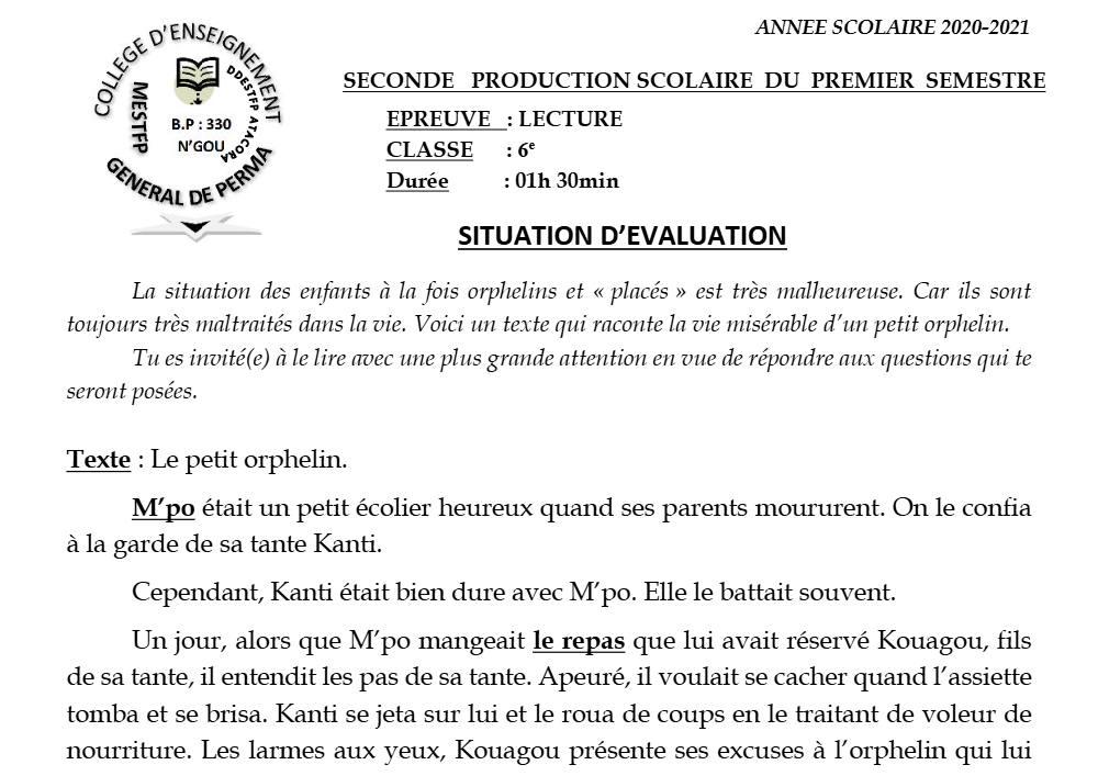 Aperçu de la première page — Lecture 6e Devoir 2 Semestre 1 CEG Perma 2020 2021