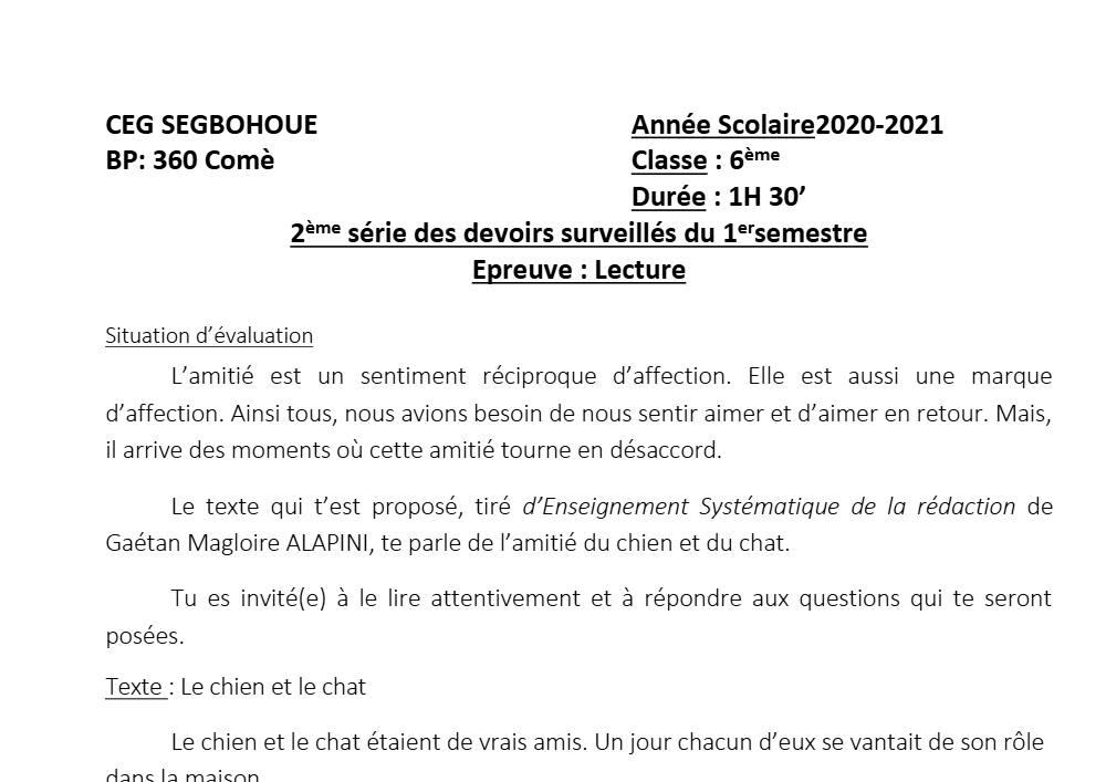 Aperçu de la première page — Lecture 6e Devoir 2 Semestre 1 CEG Segbohoue 2020 2021