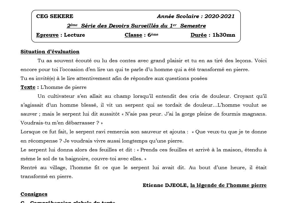 Aperçu de la première page — Lecture 6e Devoir 2 Semestre 1 CEG Sékéré 2020 2021
