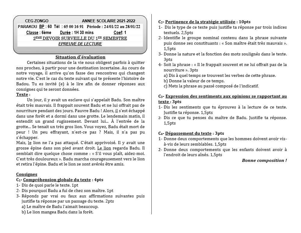 Aperçu de la première page — Lecture 6e Devoir 2 Semestre 1 CEG Zongo 2021 2022