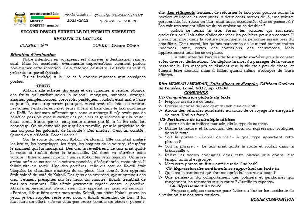 Aperçu de la première page — Lecture 6e Devoir 2 Semestre 1 Collège D'Enseignement Général de Sékéré 2021 2022