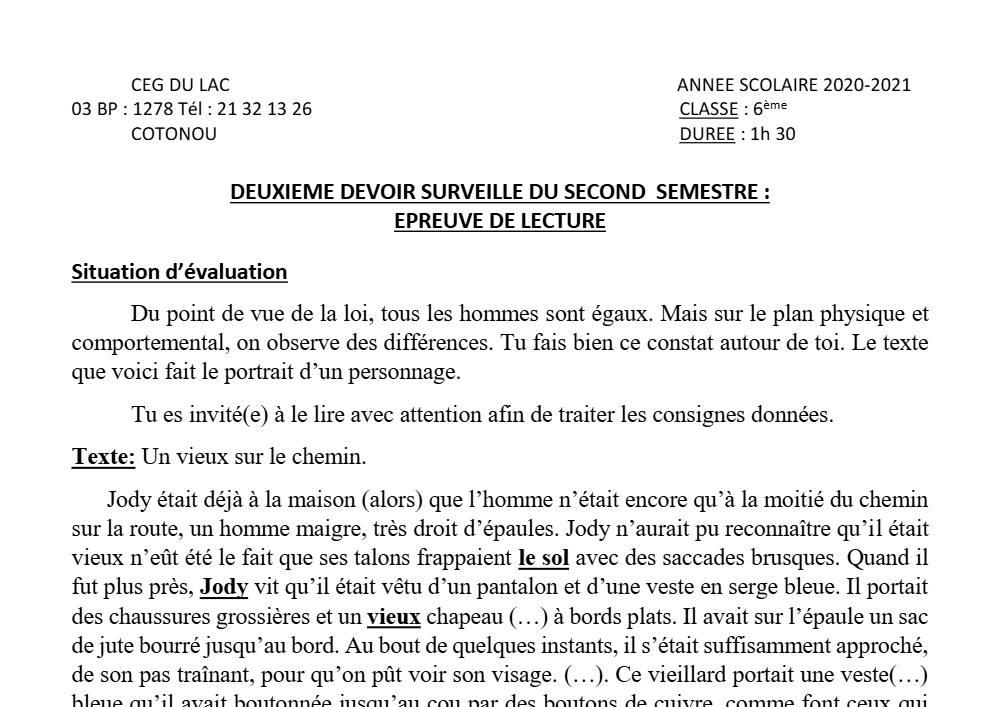Aperçu de la première page — Lecture 6e Devoir 2 Semestre 2 CEG du Lac 2020 2021