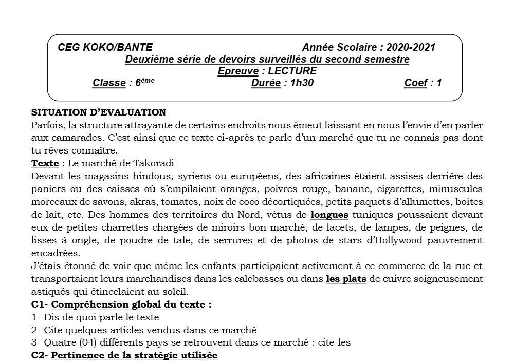 Aperçu de la première page — Lecture 6e Devoir 2 Semestre 2 CEG Koko 2020 2021