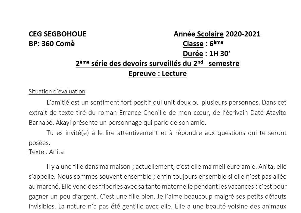 Aperçu de la première page — Lecture 6e Devoir 2 Semestre 2 CEG Segbohoue 2020 2021