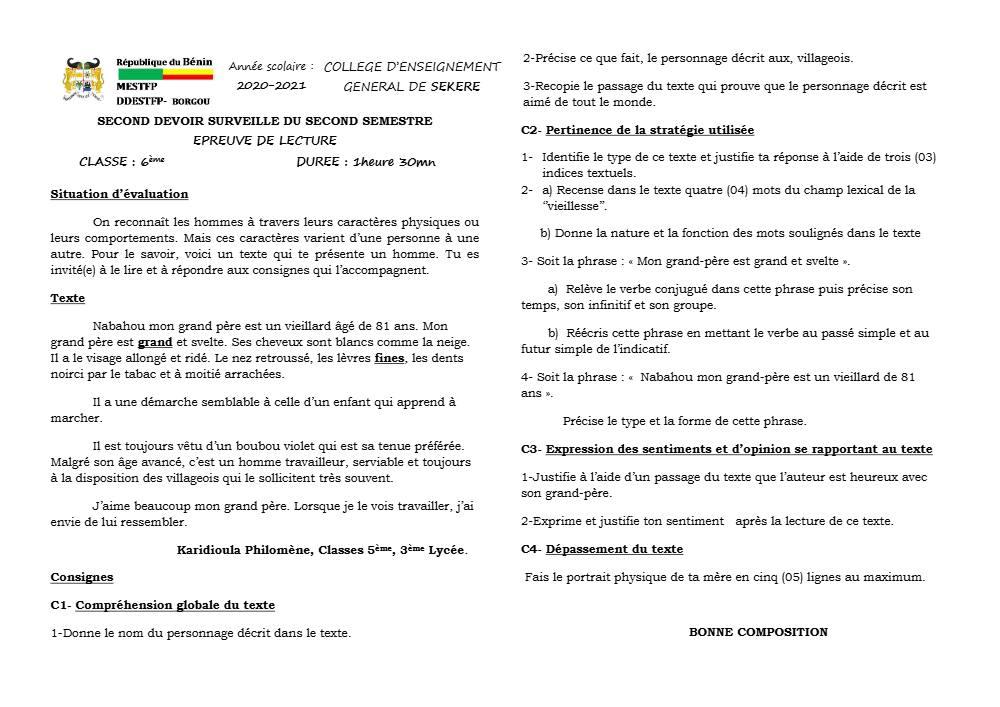 Aperçu de la première page — Lecture 6e Devoir 2 Semestre 2 CEG Sékéré 2020 2021 (2)