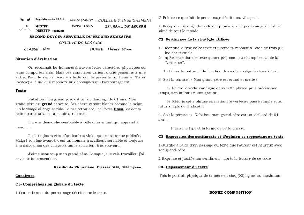 Aperçu de la première page — Lecture 6e Devoir 2 Semestre 2 CEG Sékéré 2020 2021