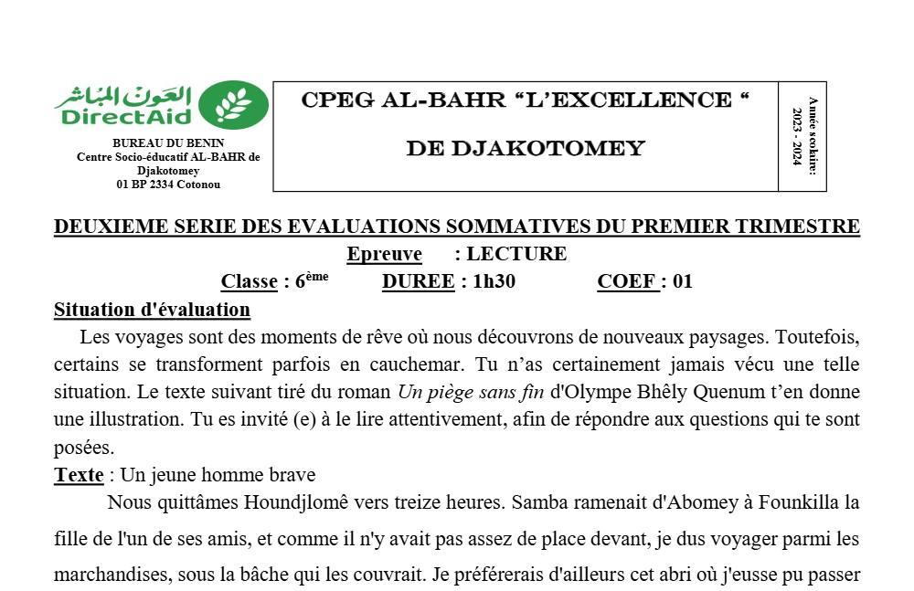 Aperçu de la première page — Lecture 6e Devoir 2 Trimestre 1 CPEG Al Bahr L'Excellence 2023 2024