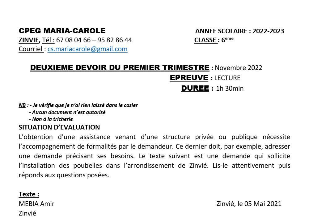 Aperçu de la première page — Lecture 6e Devoir 2 Trimestre 1 CPEG Maria Carole 2022 2023