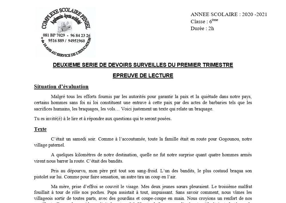 Aperçu de la première page — Lecture 6e Devoir 2 Trimestre 1 CPEG Peniel 2020 2021