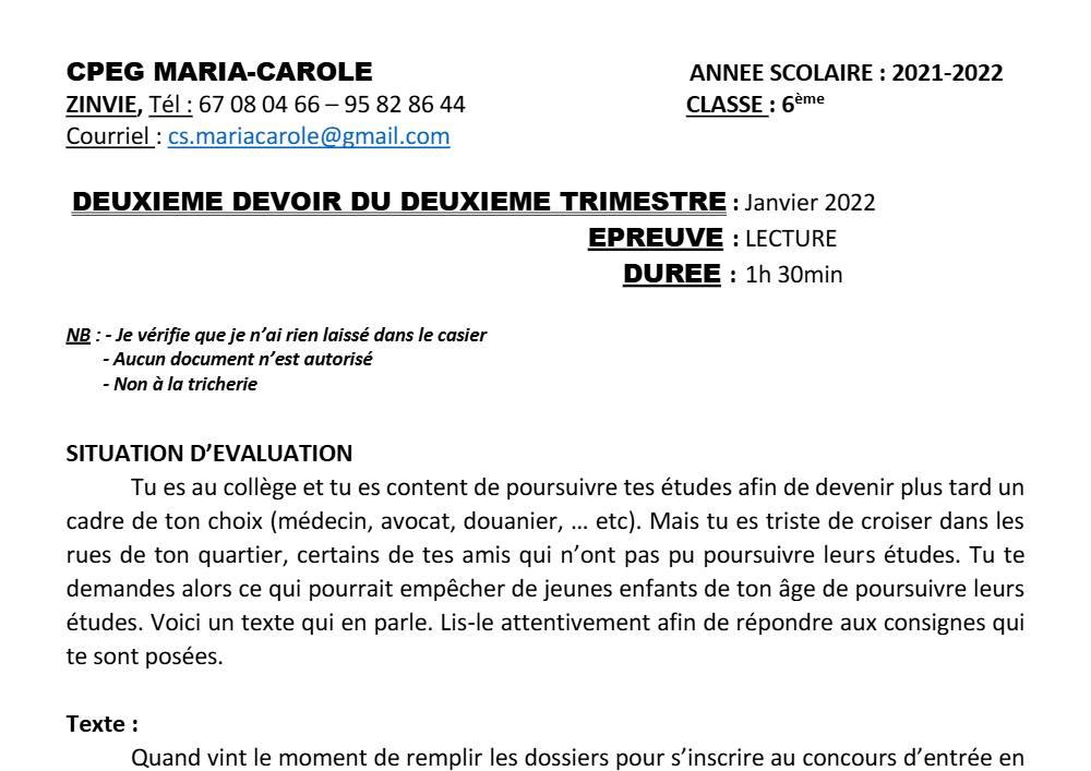 Aperçu de la première page — Lecture 6e Devoir 2 Trimestre 2 CPEG Maria Carole 2021 2022 (2)