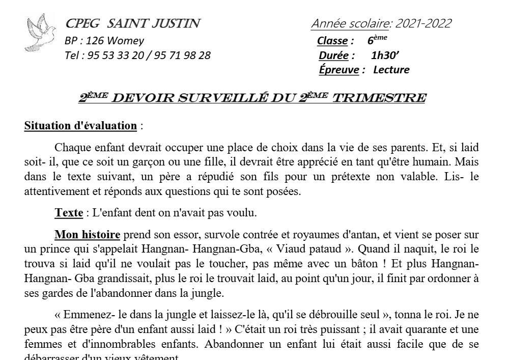 Aperçu de la première page — Lecture 6e Devoir 2 Trimestre 2 CPEG Saint Justin 2021 2022