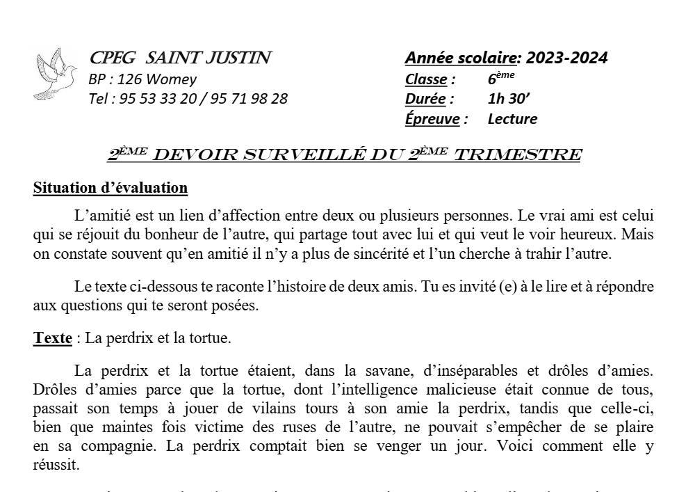 Aperçu de la première page — Lecture 6e Devoir 2 Trimestre 2 CPEG Saint Justin 2023 2024