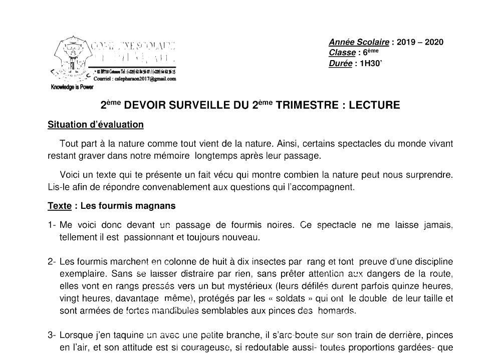 Aperçu de la première page — Lecture 6e Devoir 2 Trimestre 2 CS Le Pharaon 2019 2020