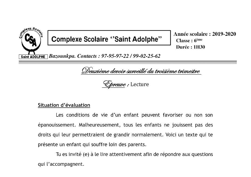 Aperçu de la première page — Lecture 6e Devoir 2 Trimestre 3 CS Saint Adolphe 2019 2020