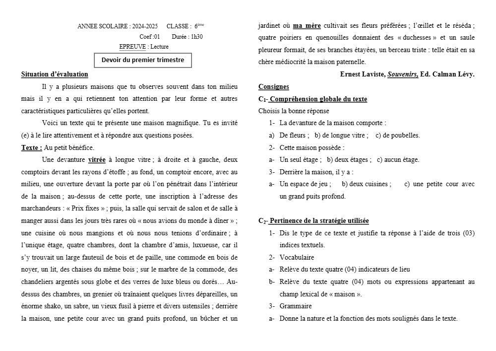 Aperçu de la première page — Lecture 6e Devoir Trimestre 1 2024 2025