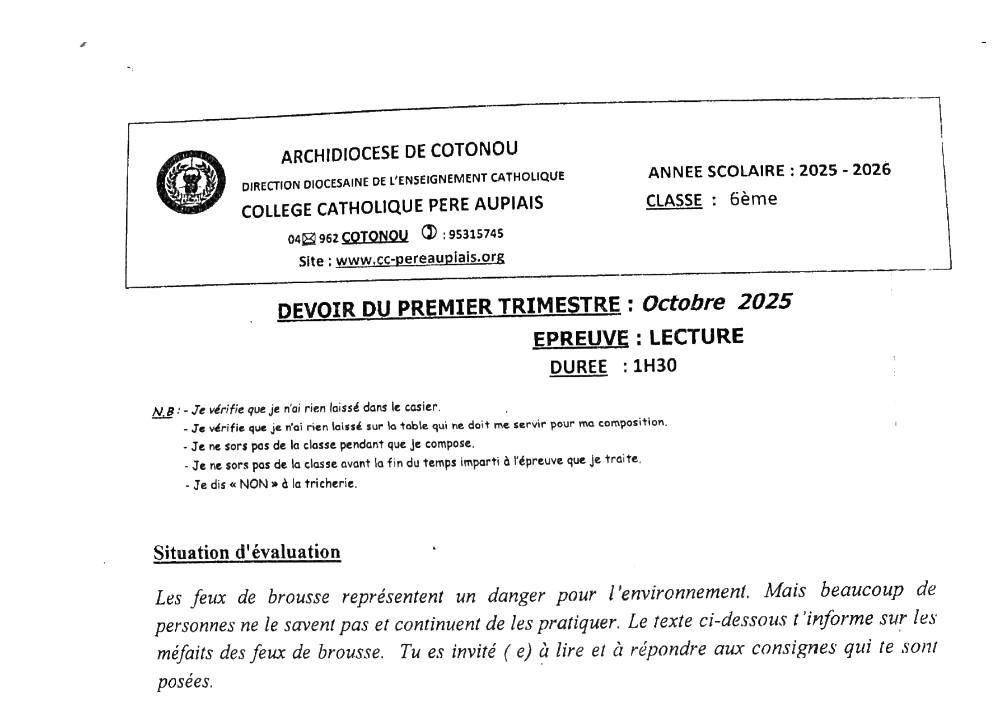 Aperçu de la première page — Lecture 6e Devoir Trimestre 1 Collège Catholique Père Aupiais 2025 2026 2025 2026