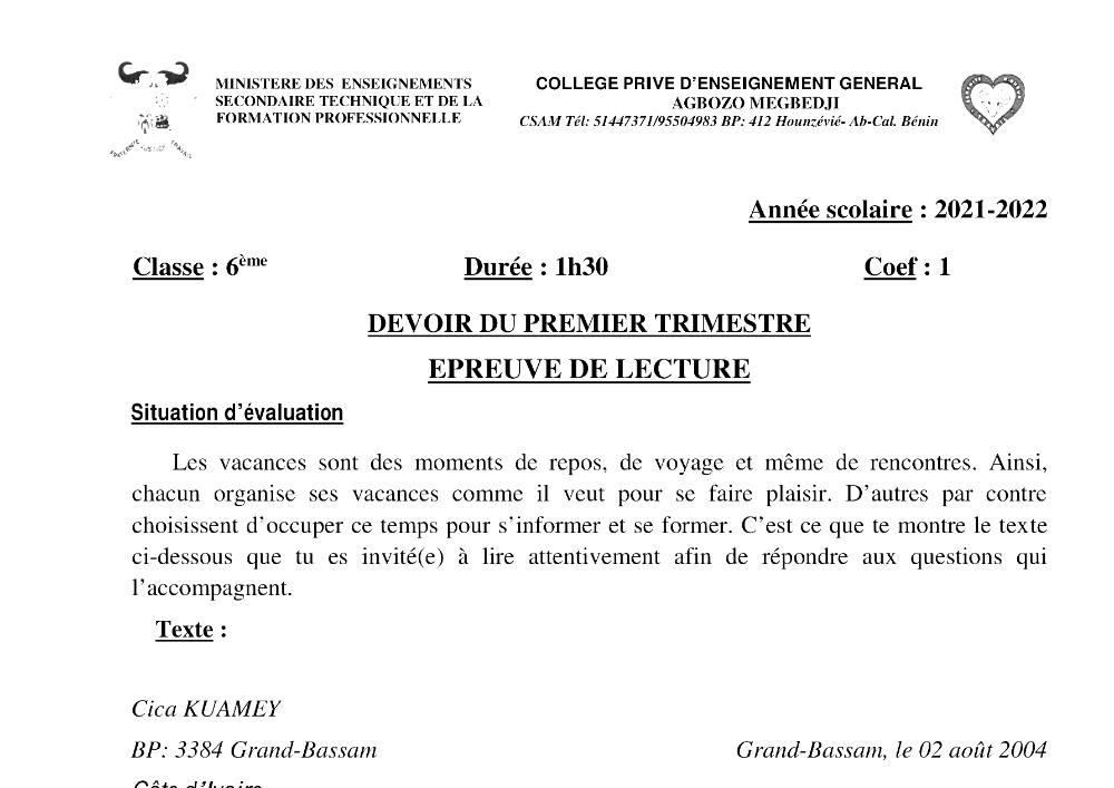 Aperçu de la première page — Lecture 6e Devoir Trimestre 1 CPEG Gbozo Megbedji 2021 2022