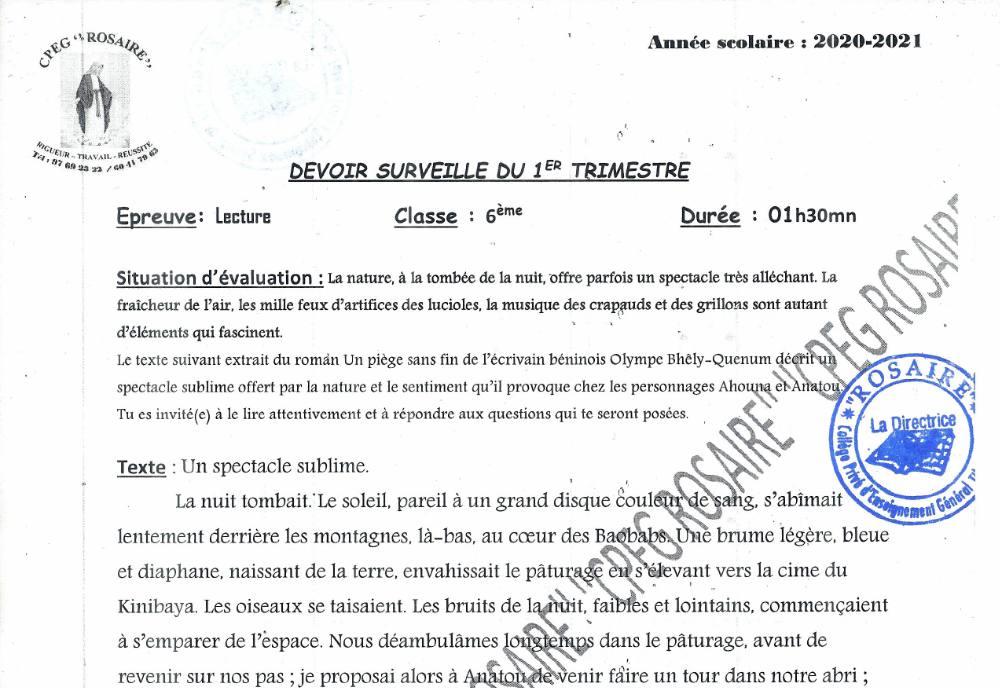 Aperçu de la première page — Lecture 6e Devoir Trimestre 1 CPEG Le Rosaire 2020 2021