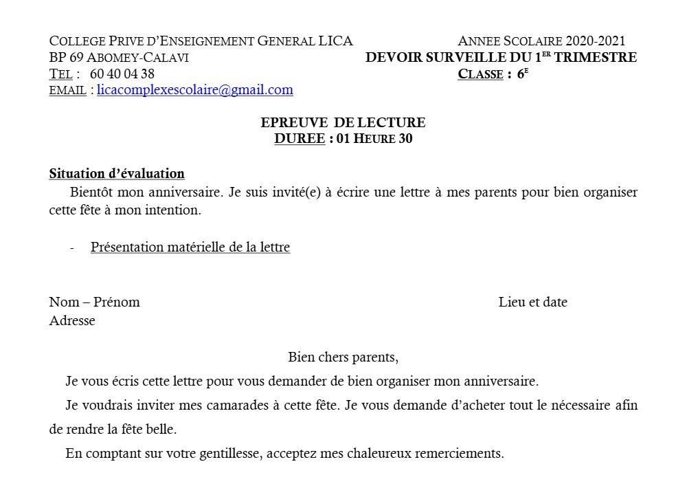Aperçu de la première page — Lecture 6e Devoir Trimestre 1 CPEG Lica 2020 2021