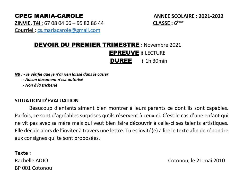 Aperçu de la première page — Lecture 6e Devoir Trimestre 1 CPEG Maria Carole 2021 2022