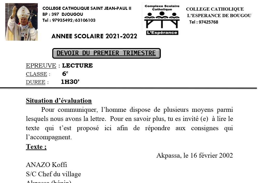 Aperçu de la première page — Lecture 6e Devoir Trimestre 1 CPEG Sainte Jean Paul2 2021 2022