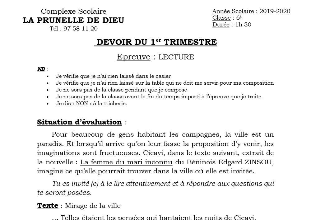 Aperçu de la première page — Lecture 6e Devoir Trimestre 1 CS La Prunelle de Dieu 2019 2020