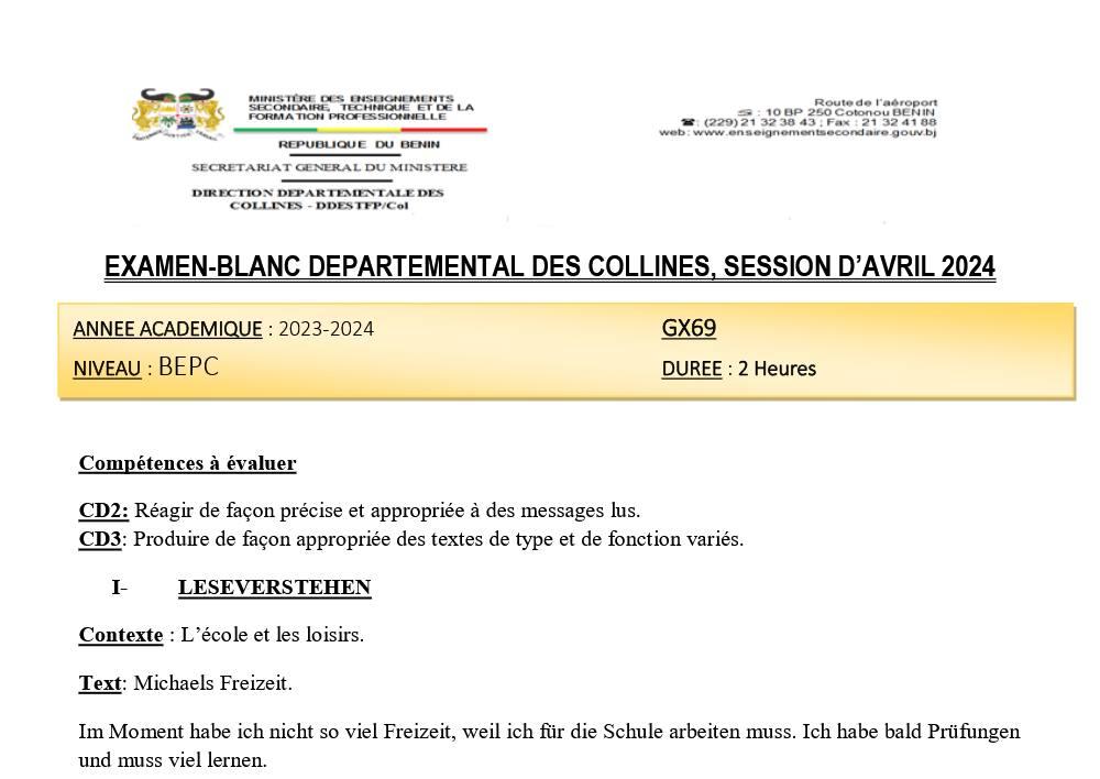 Aperçu de la première page — 3eme - Examen blanc Collines - Allemand