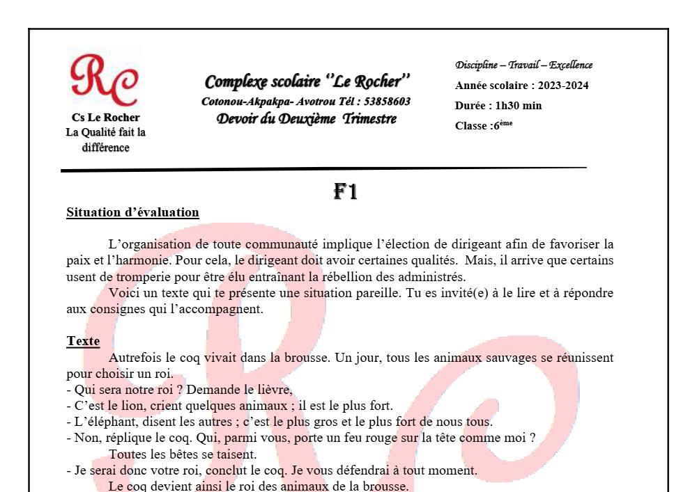 Aperçu de la première page — Lecture 6e Devoir Trimestre 2 CS Le Rocher 2023 2024