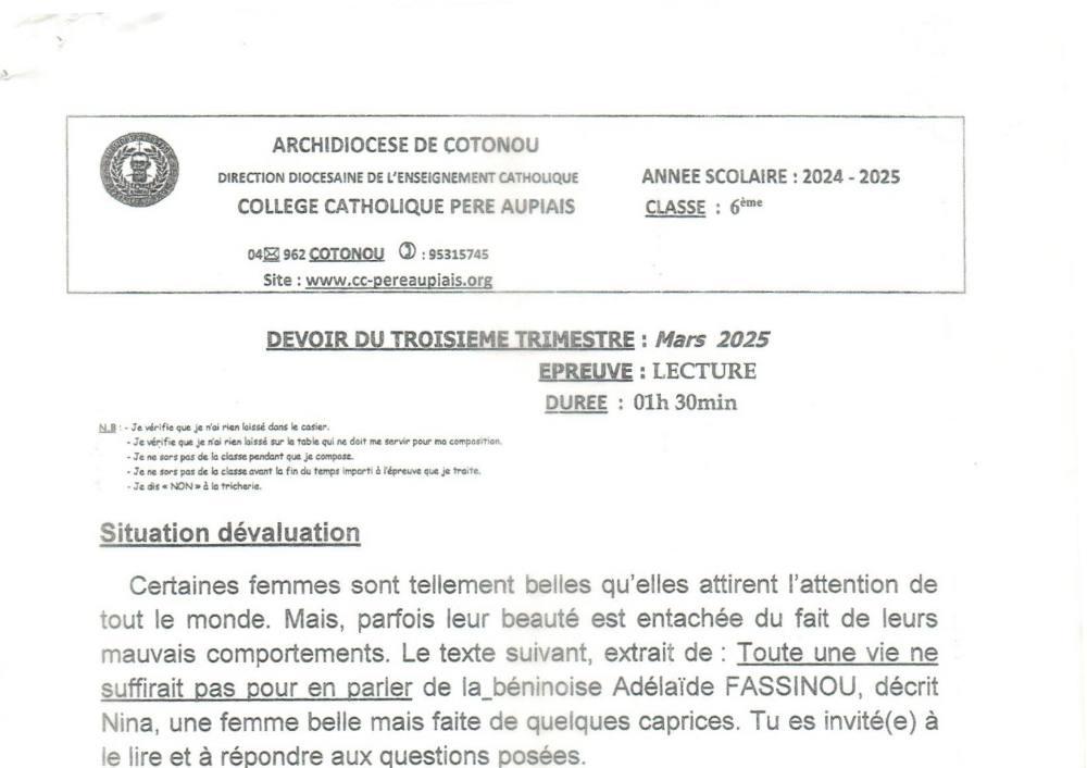 Aperçu de la première page — Lecture 6e Devoir Trimestre 3 Collège Père Aupiais Mars 2025