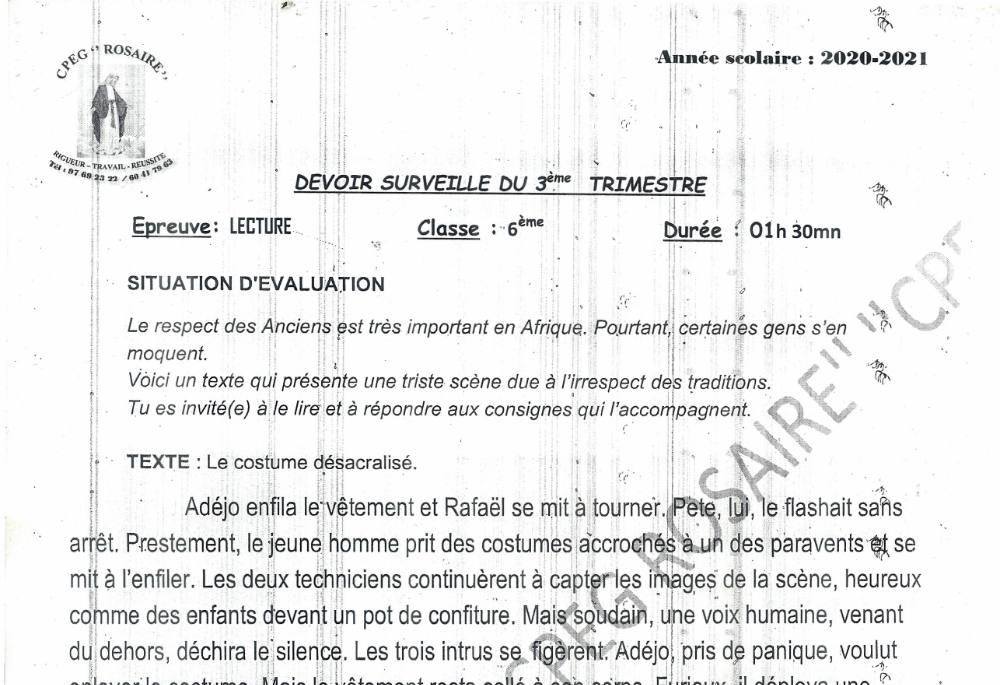 Aperçu de la première page — Lecture 6e Devoir Trimestre 3 CPEG Le Rosaire 2020 2021