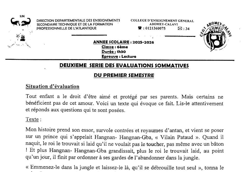 Aperçu de la première page — Lecture 6e Evaluation sommative 2 Semestre 1 CEG1 Abomey Calavi 2025 2026