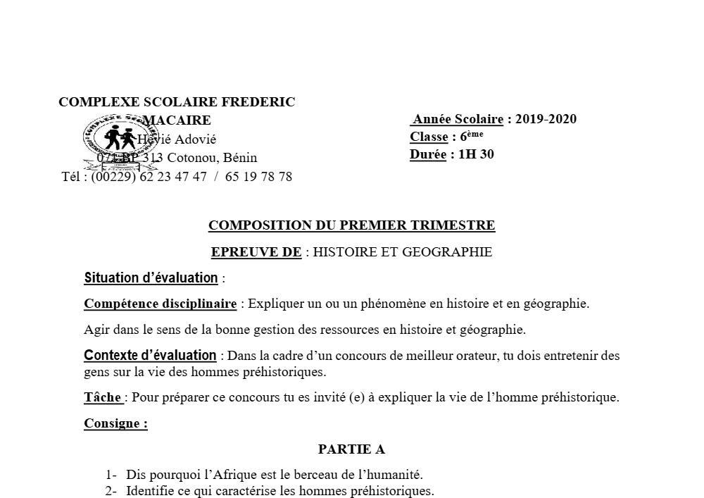 Aperçu de la première page — Histoire Géographie 6e Composition Trimestre 1 CS Frederic Macaire 2019 2020