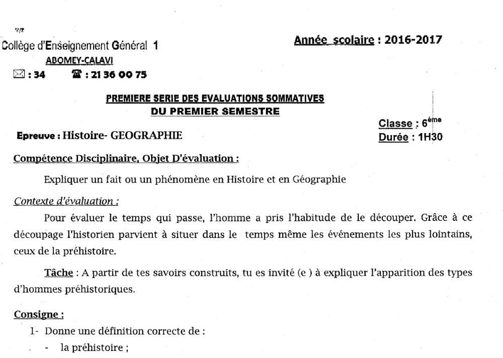 Aperçu de la première page — Histoire Géographie 6e Devoir 1 Semestre 1 2016 2017