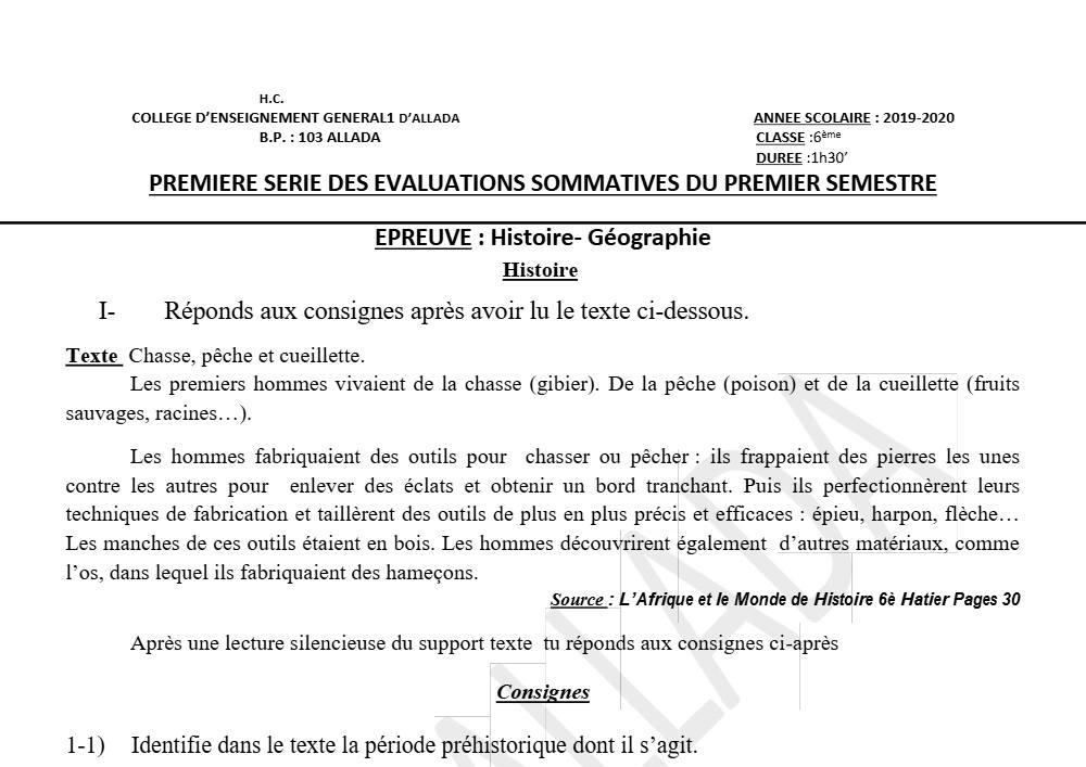 Aperçu de la première page — Histoire Géographie 6e Devoir 1 Semestre 1 CEG1 Allada 2019 2020
