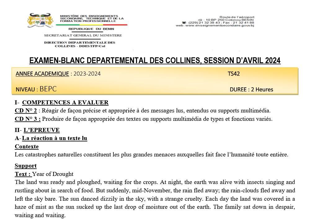 Aperçu de la première page — 3eme - Examen blanc Collines - Anglais